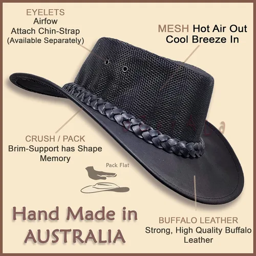 Vista 4 de Oztrala Sombrero de cuero de búfalo australiano Outback Western Cowboy Mesh para hombres y mujeres niños Jacaru negro, marrón tostado HLBS HLBB