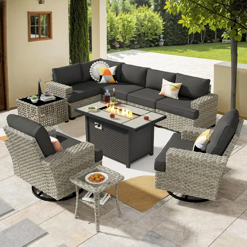 Vista 28 de HOOOWOOO Juego de Muebles Seccionales para Patio al Aire Libre, 6 Piezas Juegos de Conversación de Mimbre Sofá en Forma de L, Sofá Extra Profundo