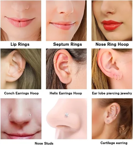 Vista 5 de 12 piercings de nariz hipoalergénicos de acero inoxidable quirúrgico 316L de 0.78 oz, anillos de nariz dorados y plateados, joyería en forma de L