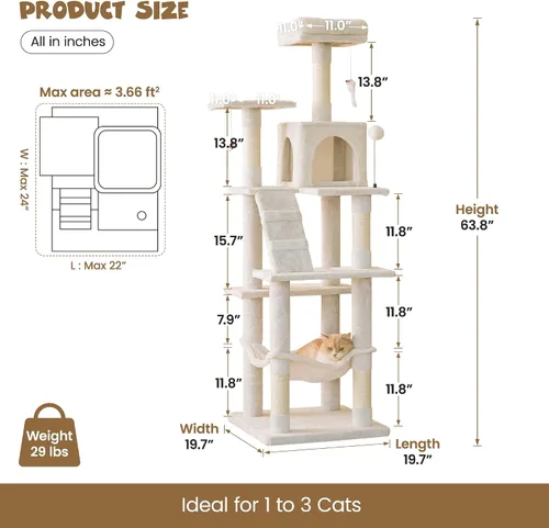 Vista 6 de MWPO - Árbol para gatos, multiestructura para gatos grandes con postes rascadores de sisal, plataforma acolchada, hamaca y condominio, torre Beige