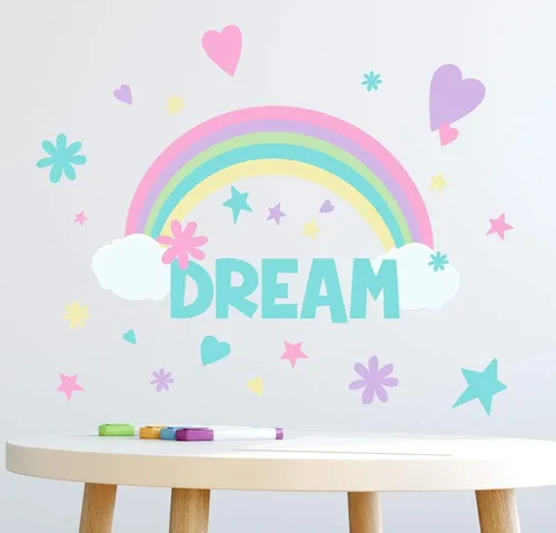 Vista 7 de Calcomanías de pared para niñas, diseño de arco iris, habitación de bebé, vinilo para habitación de niños, decoración de dormitorio (arcoíris kawaii)