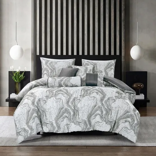 Vista 18 de ESCA Juego de edredón Hypatia beige de 7 piezas, tamaño Queen, bordado, estilo bohemio, ropa de cama floral