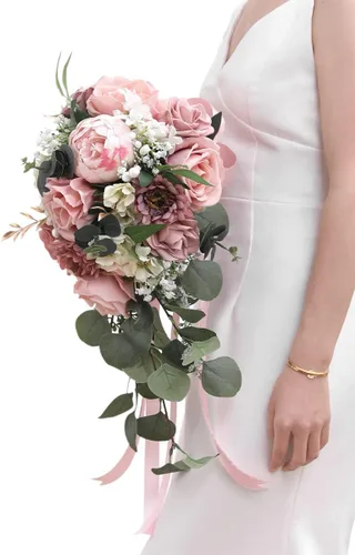 Vista 9 de Serwalin Ramos de boda de 9.8 pulgadas para novia y dama de honor, peonías rosa empolvado, ramos de flores de novia para boda, ramo de lanzamiento