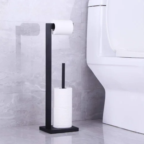 Vista 3 de Soporte para papel higiénico negro mate, soporte para rollo de papel higiénico con reserva de estante, organización portátil de almacenamiento