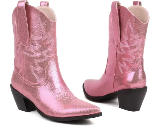 Vista 6 de Kirliner Botas vaqueras Botas vaqueras bordadas de cuero metálico tacón medio grueso botas de media pantorrilla