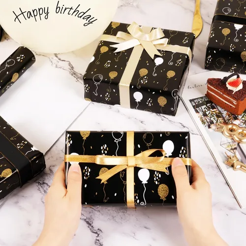 Vista 6 de Rollo de papel de regalo de cumpleaños, papel de regalo negro mate y dorado para mujeres, hombres, niños y niñas, diseño de globo de lámina dorada