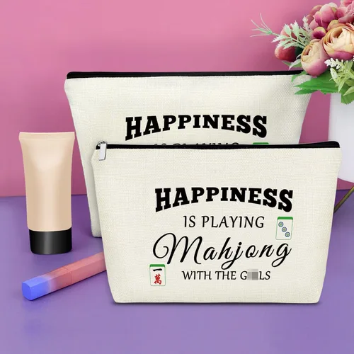 Vista 2 de Sazuwu Mahjong - Bolsa de maquillaje divertida para mujer, 2 piezas beige., Viaje, único