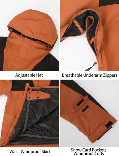 Vista 15 de GSOU SNOW Chaqueta de esquí para hombre, abrigo de nieve para snowboard, cálido, invierno, impermeable, con capucha