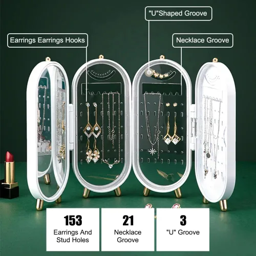 Vista 2 de Tvoip Soporte organizador de aretes, pequeño soporte plegable de 4 capas para joyas a prueba de polvo con 153 agujeros para mujeres, aretes