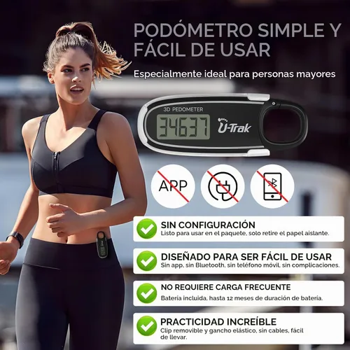 Vista 2 de U-Trak3D Pedometer for Walking with Removable Clip and Carabiner Simple Step Counter for Walking Accurate Clip On Step Tracker for Men Women Kids