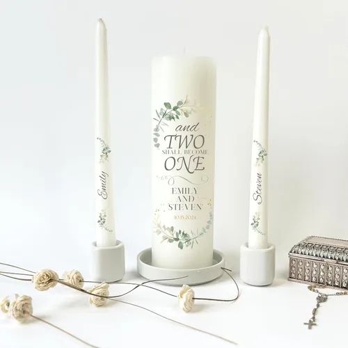 Vista 3 de Velas Unity para Boda, Set Moderno de Unity, Velas Personalizadas y a Medida de Columna y Cónicas con Cita, Cera Premium Blanca Sin Aroma