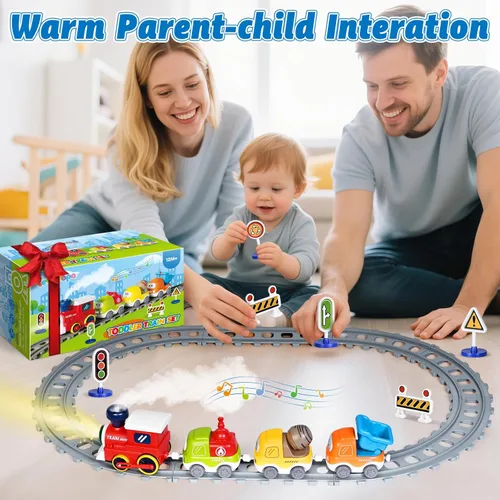 Vista 7 de Juego de Tren para Niños Pequeños con Vapor, Sonido y Luces, Juguetes para Niños de 2 a 4 años, Juego de Tren Eléctrico con Pistas y Señales