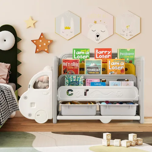 Vista 8 de Costzon Organizador de almacenamiento de juguetes en forma de automóvil, estante de juguetes de 3 niveles con estantería, 2 cajas de almacenamiento