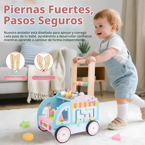 Vista 4 de Melofaver - Andador de madera para niños pequeños con rueda, juguete