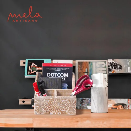 Vista 6 de Mela Artisans Organizador de escritorio de madera blanqueada de 7.2 x 7.3 pulgadas, soporte de correo de madera con almacenamiento de múltiples