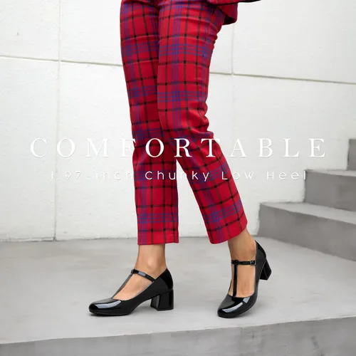 Vista 4 de FTNAMORI Mary Jane - Zapatos de tacón bajo y grueso para mujer, puntera redonda cerrada, correa en T, correa en el tobillo, zapatos de trabajo