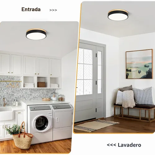 Vista 5 de Lámpara de techo LED regulable de madera, redonda, color negro, 11.81 pulgadas Moderna 2700K-6000K 5CCT Ajuste de Color Minimalista Para Cocina