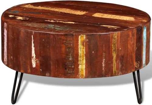 Vista 6 de vidaXL Mesa auxiliar, mesa auxiliar redonda con patas de hierro, mesa de sofá decorativa para sala de estar, dormitorio, industrial, madera maciza