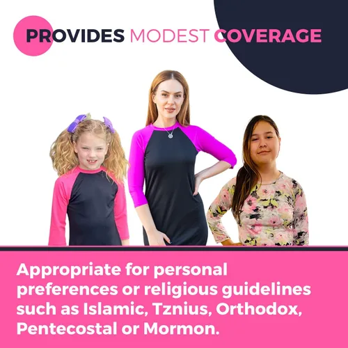 Vista 4 de Vestido de natación para niñas con protección solar UPF 50+, manga 34, vestido de traje de baño activo de alto rendimiento, traje de baño modesto