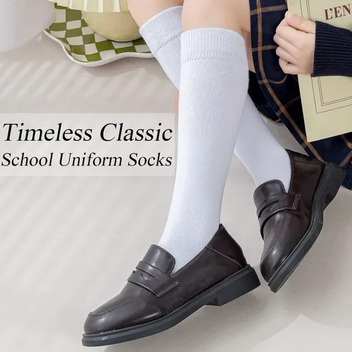 Vista 2 de Calcetines altos hasta la rodilla para niñas, de punto cableacanalados, para uniforme escolar, paquete de 36, calcetines de tubo sin costuras