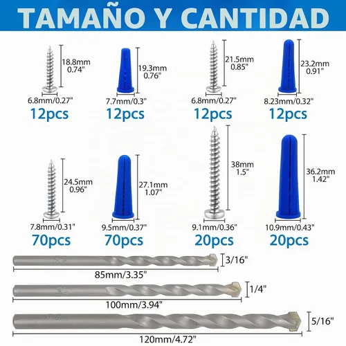 Vista 2 de Kit surtido de anclajes y tornillos de pared de hormigón cónico, 228 anclajes de mampostería con 3 brocas de perforación, 114 anclajes de pared