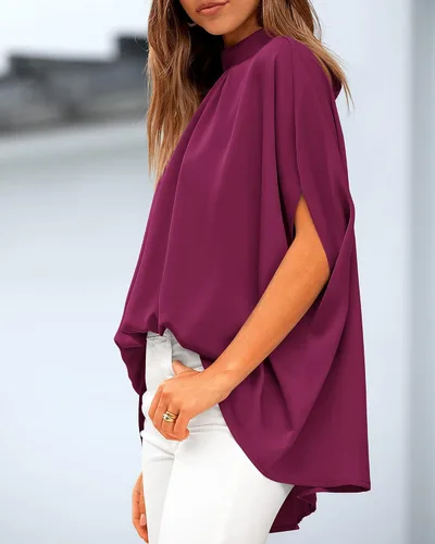 Vista 100 de BTFBM Blusas de verano para mujer, cuello alto falso, manga murciélago, holgadas, dobladillo alto y bajo, blusas informales de gran