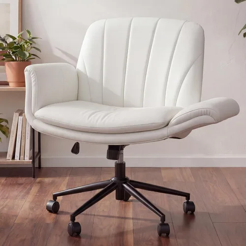 Vista 11 de Dowinx Silla Criss Cross con brazos y ruedas ajustables de cinco niveles - Cómoda silla giratoria ergonómica de cuero PU para tocador - Silla
