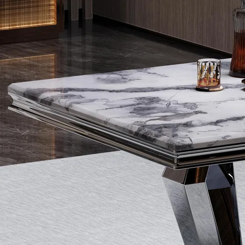 Vista 7 de ACEDÉCOR Mesa de comedor, mesa de comedor rectangular moderna de 78 pulgadas para 6-8 personas, parte superior de textura gris y base geométrica