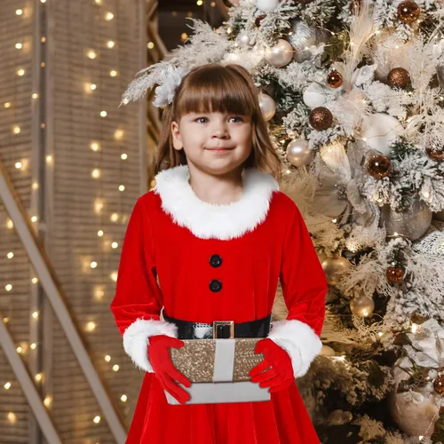 Vista 5 de Xtinmee Juego de 4 piezas de disfraz de Papá Noel para niñas, vestido de Papá Noel rojo, sombrero de Navidad y guantes de piel, pantimedias