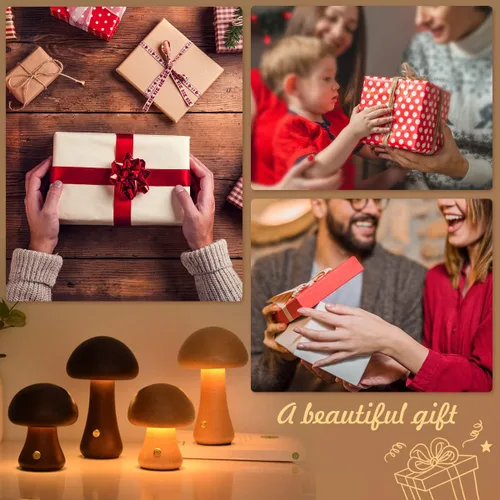 Vista 7 de Lámpara única pequeña de madera con forma de hongos, decoración de setas, lámpara de noche, lámpara de hongo recargable para decoración del hogar