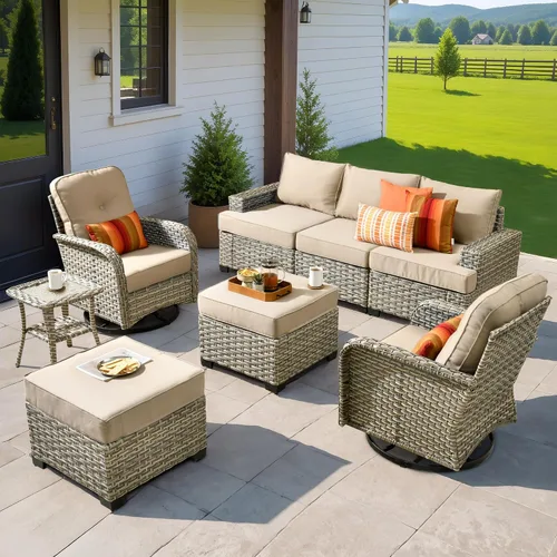 Vista 27 de HOOOWOOO Juego de Muebles Seccionales para Patio al Aire Libre, 6 Piezas Juegos de Conversación de Mimbre Sofá en Forma de L, Sofá Extra Profundo
