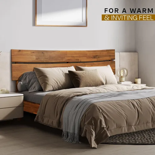 Vista 8 de Acacia Aurora - Marco de cama con cabecero, cama de plataforma de madera 100% maciza, estilo de cama escandinavo con todos los colchones Caramelo