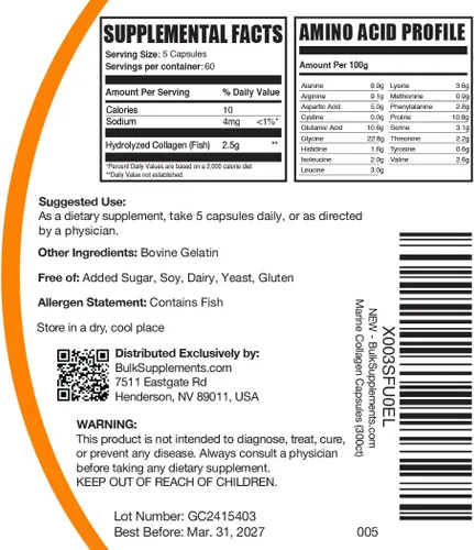 Vista 6 de BulkSupplements.com Cápsulas de colágeno marino - Suplemento de colágeno de pescado, colágeno para mujeres y hombres - Colágeno hidrolizado, sin