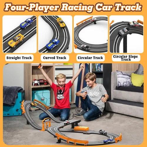 Vista 2 de Conjuntos de Pista de Carreras de Slot con Autos de Carreras de Alta Velocidad 1:64, Pista de Coches Eléctricos o con Batería, Juego Dual