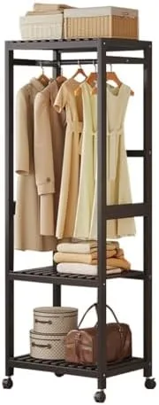 Vista 13 de Portable Bamboo Clothes Rack with Shelves - Free Standing Wooden Wardrobe, Rolling Garment Rack for Bedroom, Adjustable Multi-Storage Organizer with