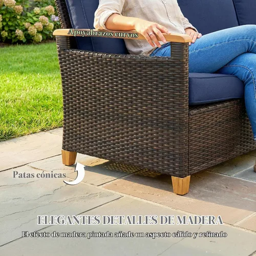 Vista 8 de Outsunny Sofá de 3 plazas para exteriores, sofá de mimbre PE para patio con asientos profundos amplios, cojines de espuma de 4 pulgadas Beige