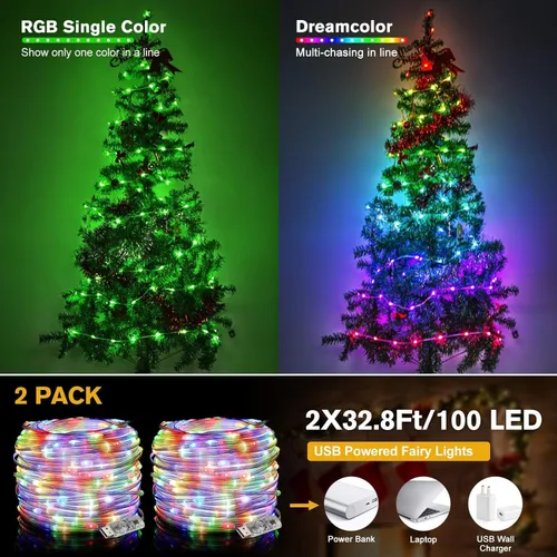Vista 2 de LUXONIC Luces de hadas con control de aplicación inteligente, 2 luces LED RGB parpadeantes de 32.5 pies para dormitorio, tira de luces