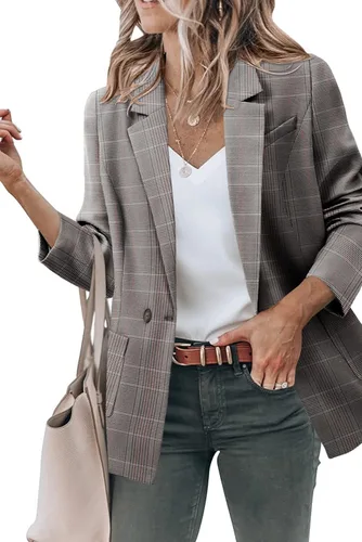 Vista 2 de CHICZONE Blazer casual de manga larga para mujer, con solapa frontal abierta, botón de trabajo, oficina, chaqueta a rayas