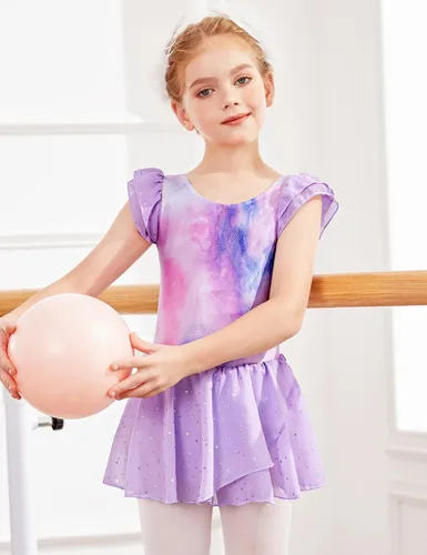 Vista 2 de Arshiner Vestido de ballet para niñas, con mangas con holanes y leotardo con falda tutú