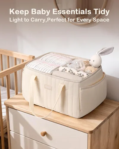 Vista 4 de Organizador de pañales para bebés, cesta de almacenamiento de pañales con asa, organizador de auto para niños y niñas y nuevos padres, baby shower