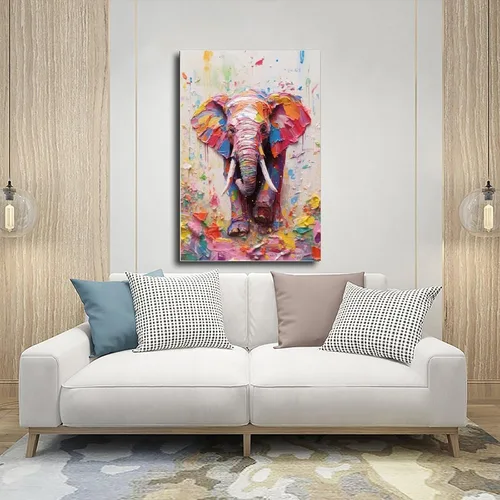 Vista 5 de Fyzuf Arte de pared de elefante - Pintura al óleo sobre lienzo, estilo cubismo, elefante colorido, estético, 12 x 18 pulgadas (11.8 x 17.7 in), sin