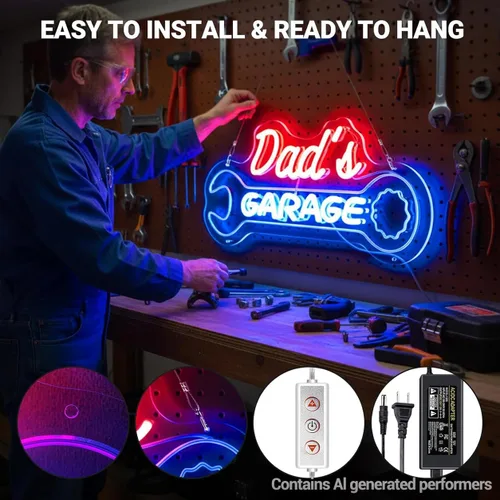 Vista 7 de Letrero de neón de garaje para papá, letrero LED personalizado con forma de llave, decoración de pared retro de mecánico de automóviles, letrero