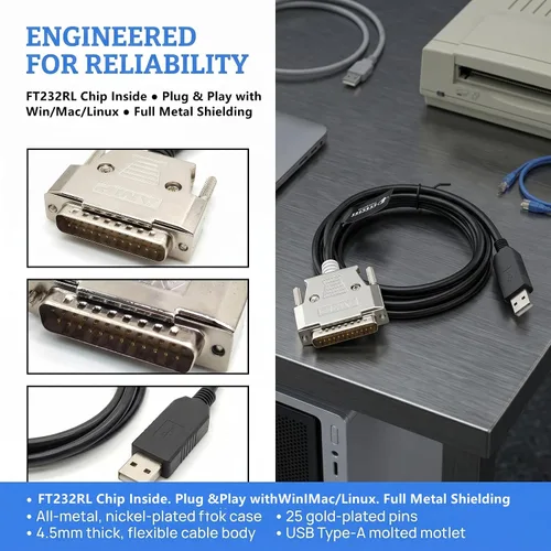 Vista 4 de Cable de impresora paralelo USB a DB25 con chip FTDI, cable USB macho a puerto serie DB25 macho, compatible con sistemas Windows, Vista, Linux