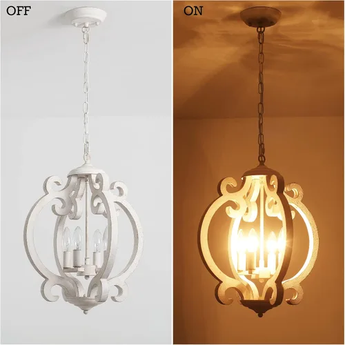 Vista 12 de Lámpara de araña de granja para comedor, lámpara de campo francés, color blanco envejecido, candelabro de madera rústica de 4 luces, lámpara
