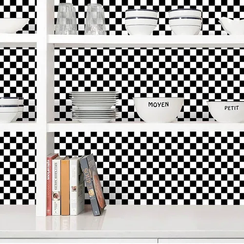Vista 7 de Papel Adhesivo en Contacto Blanco y Negro en Mosaico a Cuadros, Papel Pintado Desmontable y Autoadhesivo en Lattice, Vinilo Impermeable en Rollo