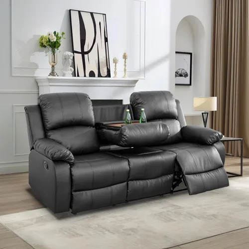 Vista 58 de Juego de Muebles para Sala de Estar, Juego de Sofá Reclinable Manual, Juegos de Sofás Reclinables de Cuero Beige con Mesa Desplegable, Sofá
