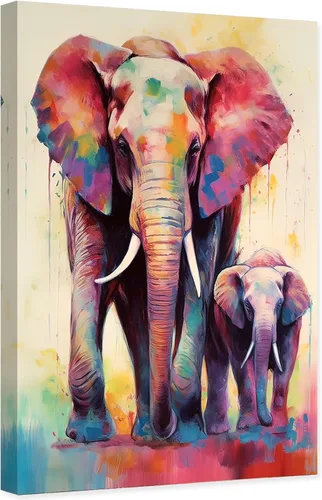 Vista 7 de ARTZGX Lienzo abstracto de elefante para pared, pintura de elefante colorido y elefante bebé, marco decorativo de vida silvestre africana