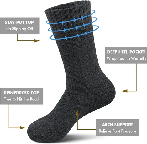 Vista 4 de YUVFEHY 6 pares de calcetines de lana merino para hombre, calcetines de senderismo de lana de invierno ultra gruesos, calcetines cálidos