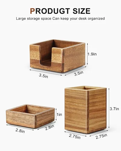 Vista 3 de Juego de organizador de escritorio de madera de acacia con soporte para notas adhesivas, vaso para lápices y bolígrafos y almacenamiento de clips