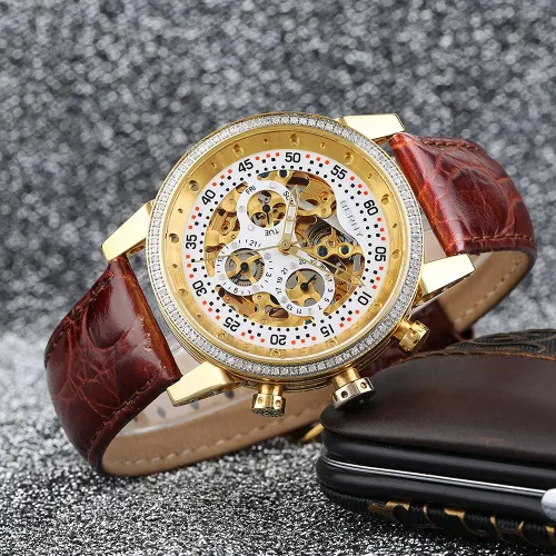 Vista 5 de BERNY - Reloj de pulsera automático para hombre, esfera de diamante real, multifunción, resistente al agua, correa de cuero genuino
